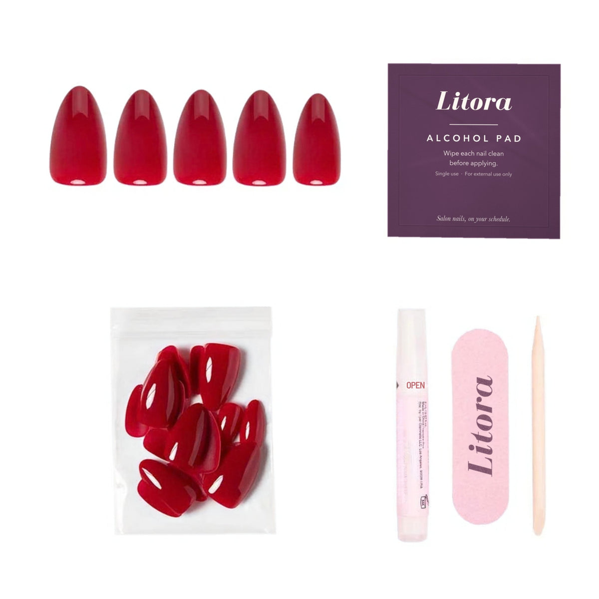 Litora Classic Red uzlīmējamie nagi, iepakojums un komplekts
