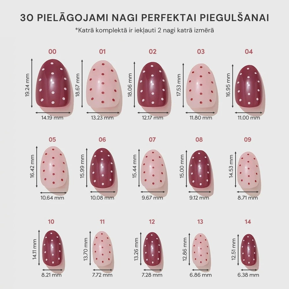 Litora Polka Dot uzlīmējamie nagi, formas un izmēri