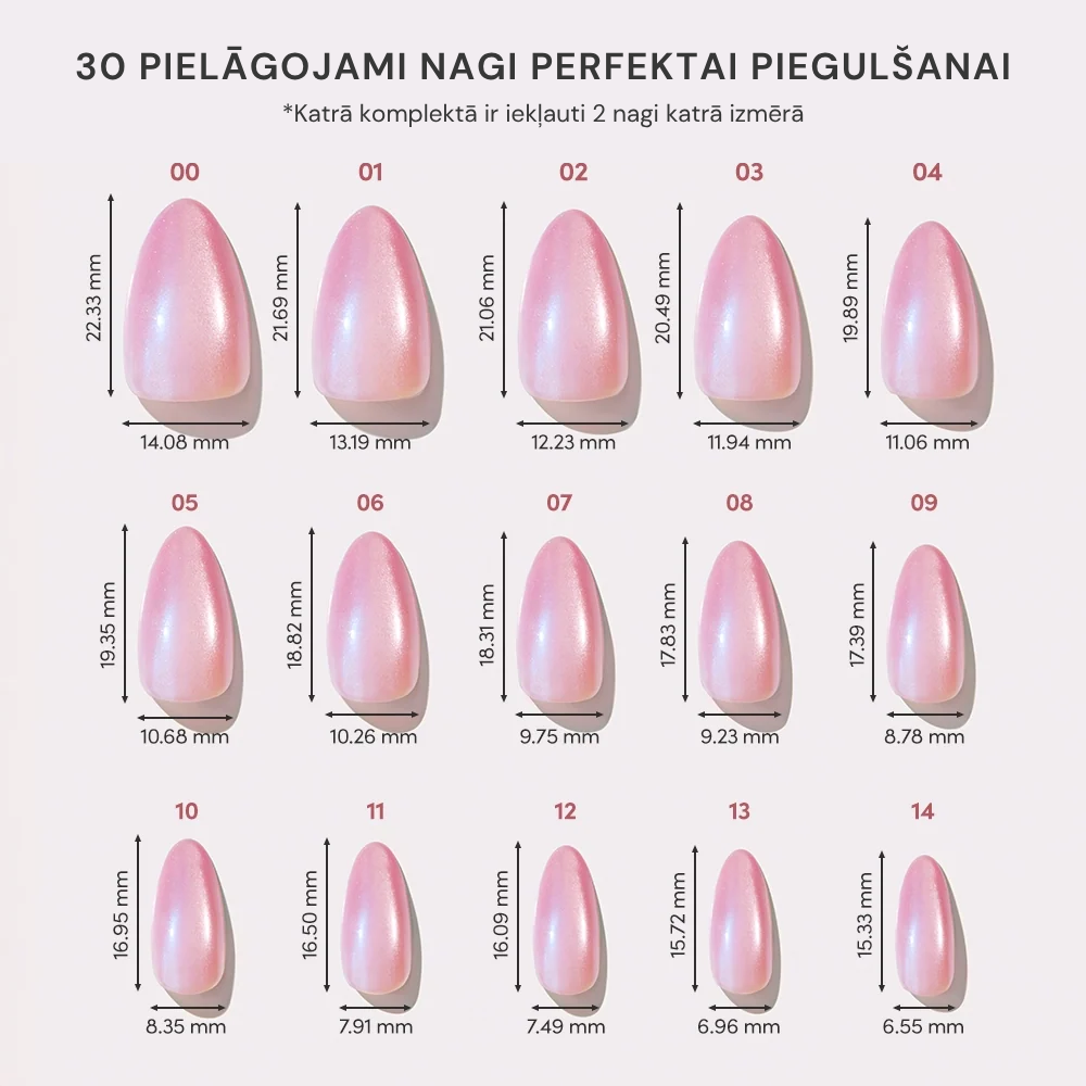 Litora Mirdzoši Rozā izmēri: 30 nagi 15 izmēros
